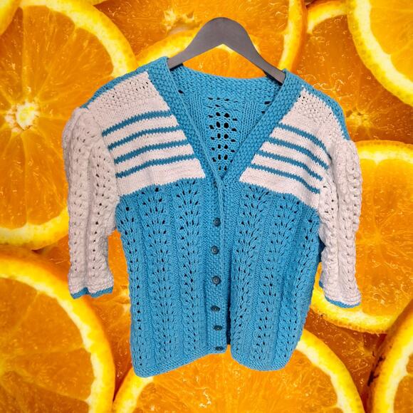 Hank Knit Handmade Short Sleeve Cardigan Blue and White - Picture 2 of 5